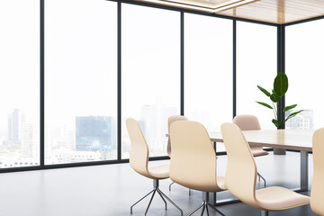 Bright light meeting room interior with furniture and panoramic window with city view. 3D Rendering.