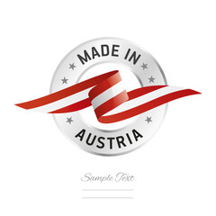 Made in Austria. Austria flag ribbon with circle silver ring seal stamp icon. Austria sign label vector isolated on white background - obrazy, fototapety, plakaty