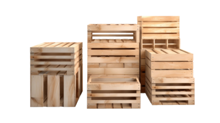 wooden wood crate box on transparent background. Mockup template for artwork design