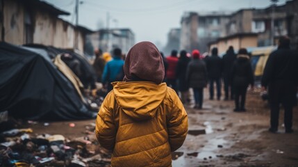 Refugees observing children in the background during an economic crisis - obrazy, fototapety, plakaty