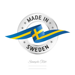 Made in Sweden. Sweden flag ribbon with circle silver ring seal stamp icon. Sweden sign label vector isolated on white background