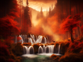 Landscape with waterfall in autumn, creek and rocks, sunrise or sunset, Wall Art for Home Decor, Wallpaper and Background for Mobile Cell Phone, Smartphone, Cellphone, desktop, laptop, Computer