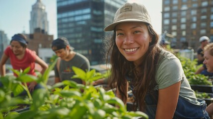 People gardening together in an urban green space among high-rise buildings - obrazy, fototapety, plakaty