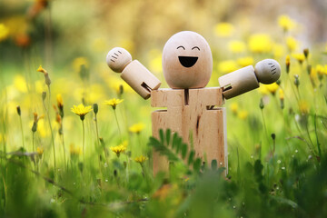 Wooden figure in nature with smiling face. Concept of joy happiness and wellness - 778709018