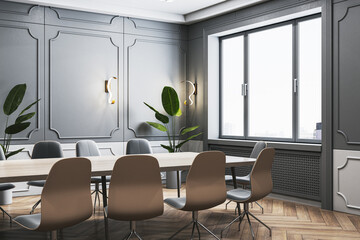 Bright classic meeting room interior with wooden flooring, furniture and window. 3D Rendering.