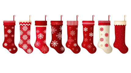 Christmas stocking red collection on transparent background. Many assorted different variety design