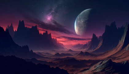 alien landscape under a large, foreboding moon