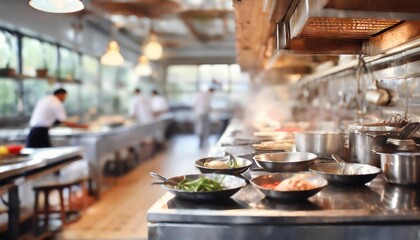 Blurred Restaurant kitchen with cooking in the open kitchen 