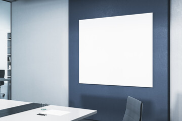 Modern blue meeting room interior with furniture and blank white mock up banner on wall. 3D Rendering. - obrazy, fototapety, plakaty
