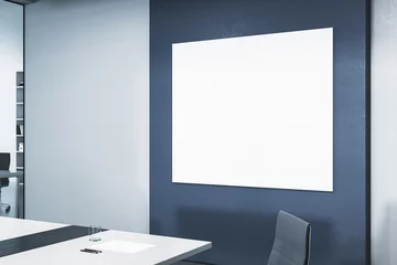 Deurstickers Modern blue meeting room interior with furniture and blank white mock up banner on wall. 3D Rendering. © Who is Danny