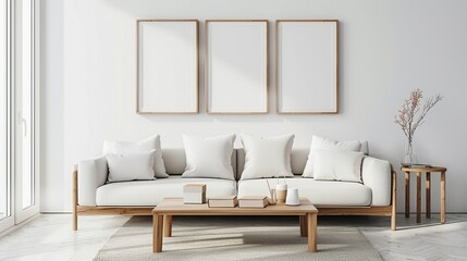 Fototapeta na wymiar Contemporary minimal living room 3D render, frame mockups for a sleek look