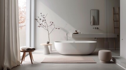Fototapeta na wymiar Cozy minimal bathroom, clean lines paired with soft, inviting colors
