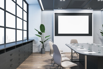 Modern wooden and concrete conference room interior with empty white mock up billboard and furniture. Presentation concept. 3D Rendering.