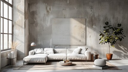 Cozy minimal living room, wall mockup awaiting art, simplicity in elegance