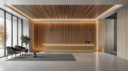 Modern office lobby reception, minimal aesthetics, open and inviting space