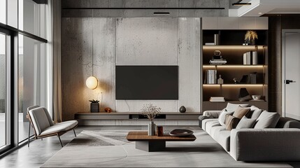 Sleek living room, featuring a minimal wall mockup amidst modern decor