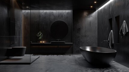 Sleek minimal bathroom, dominated by elegant black tones, modern sophistication