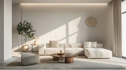 Fototapeta na wymiar Sleek living room, featuring a minimal wall mockup amidst modern decor