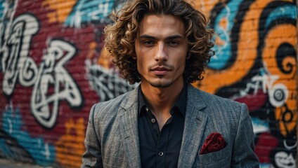 Handsome hipster model, Arabian man dressed in suit jacket clothes, Fashion male with long curly...