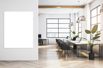 Modern spacious wooden and concrete coworking office interior with empty white mock up banner on wall, panoramic windows and city view, light walls. Workplace concept. 3D Rendering.
