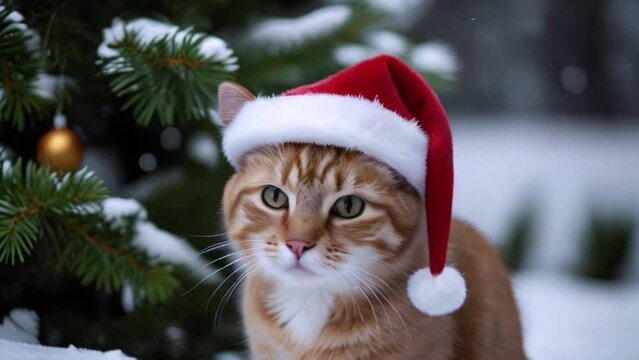 Christmas cat in Santa Claus hat, AI Generative