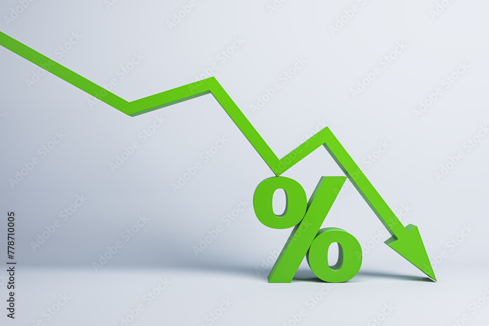 Poster falling green chart arrow with percent icon on white background. falling interest rates and mortgage