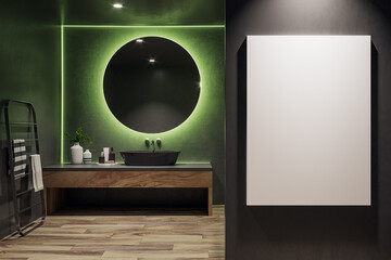 Naklejka premium Elegant bathroom interior with LED lighting and round mirror and white poster mockup. 3D Rendering