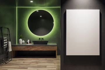 Foto op Aluminium Elegant bathroom interior with LED lighting and round mirror and white poster mockup. 3D Rendering © Who is Danny