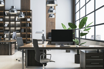 Light office with shelves or library interior with workplace, window and city view. 3D Rendering.