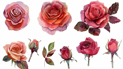 Fototapeta premium Watercolor rose clipart in various colors and angles.