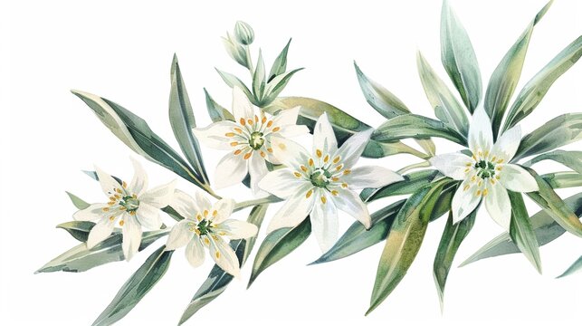 Watercolor edelweiss clipart with small white flowers and green leaves.
