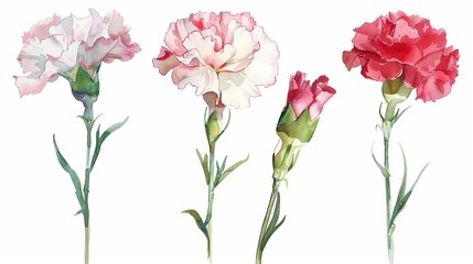 Watercolor carnation clipart in various colors, including pink, red, and white.