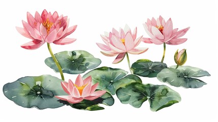 Watercolor lotus clipart with serene pink blooms and green lily pads.