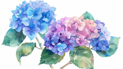 Watercolor hydrangea clipart with clusters of blue, purple, and pink flowers.