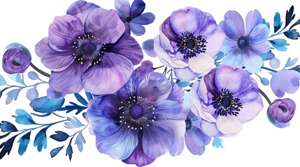 Watercolor anemone clipart featuring bold blooms in shades of purple and blue.