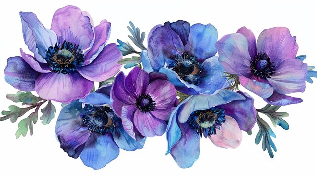 Watercolor anemone clipart featuring bold blooms in shades of purple and blue.