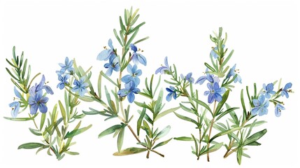 Fototapeta na wymiar Watercolor rosemary clipart featuring delicate blue flowers and green foliage.