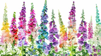 Watercolor foxglove clipart with tall spires of colorful flowers. - obrazy, fototapety, plakaty