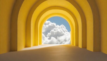  abstract minimal yellow background with white clouds flying out the tunnel