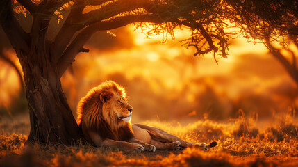 Majestic Lion Resting at Sunset in Savannah.