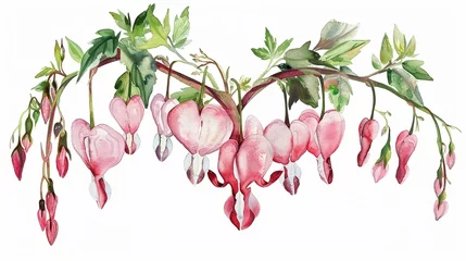 Deurstickers Watercolor bleeding heart clipart with heart-shaped pink and white blooms. © Samaphon