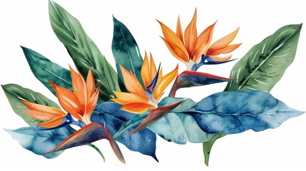 Watercolor bird of paradise clipart featuring exotic orange and blue flowers. - obrazy, fototapety, plakaty