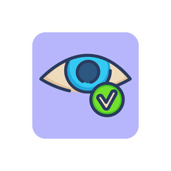 Good vision thin line icon. Checkmark, iris, visual acuity outline sign. Ophthalmology and healthcare concept. Vector illustration for web design and apps