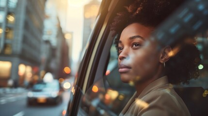 Pensive African American businesswoman looking out the window on a taxi ride through the city - obrazy, fototapety, plakaty