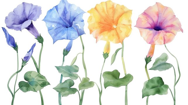 Watercolor morning glory clipart with trumpet-shaped flowers in various colors.