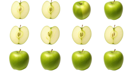 Green apple apples, many angles and view side top sliced halved cut isolated on transparent background 