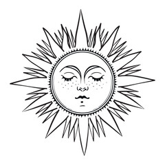 Mystical sun with face and rays, celestial astrology logo, boho tattoo for zodiac, tarot. Magic hand drawn vector illustration isolated on white background. Medieval mythological symbol