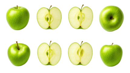 Green apple apples, many angles and view side top sliced halved cut isolated on transparent background 