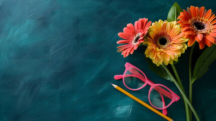 Flowers, glasses and pencil on green chalkboard background with copy space for teacher's day or woman’s Day concept - obrazy, fototapety, plakaty