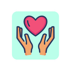 Heart in hands thin line icon. Love, protection, securing ioutline sign. Friendship and love concept. Vector illustration, symbol element for web design and apps